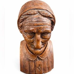 Vintage Hand Carved Wooden Bust Signed J. Alberdi Folk Art Mid Century Decor